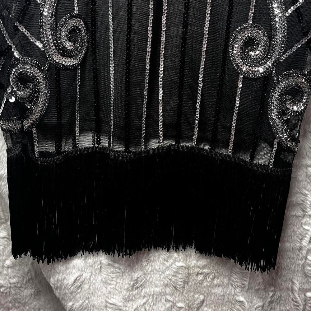 Black & silver beaded midi dress with fringe hem SIZE M - Picture 7 of 8